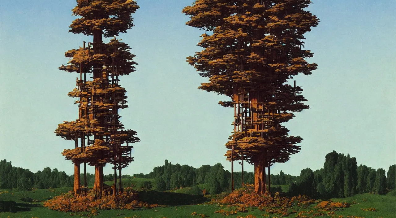 Prompt: single flooded simple wooden tree tower!, very coherent and colorful high contrast!! masterpiece by rene magritte simon stalenhag carl spitzweg syd mead norman rockwell edward hopper james gilleard, minimalist, dark shadows, sunny day, hard lighting