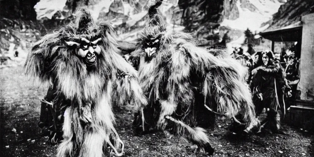 Image similar to krampus with big beak dancing in dolomites, hay fur, austrian folklore, 1920s photography, grainy, eerie, dark