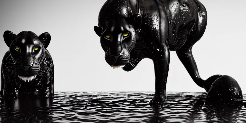 Image similar to a black lioness made of ferrofluid bathing inside the bathtub full of tar, covered with tar. dslr, photography, realism, animal photography, color, modern bathroom, hyper realistic, 8 k resolution, unreal engine 5, raytracing