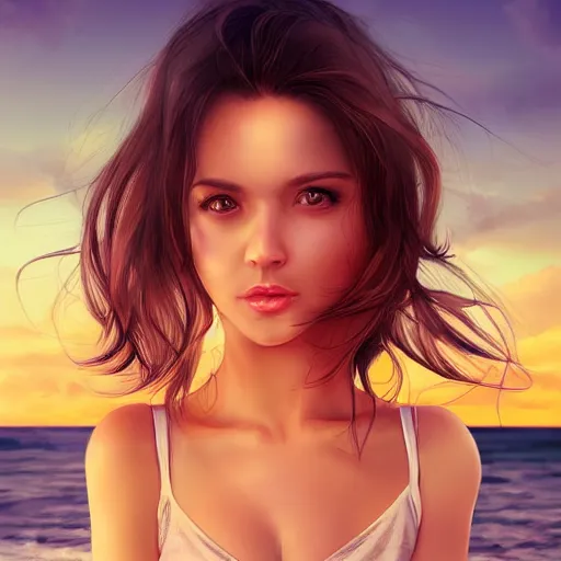 Image similar to portrait of beautiful woman on the beach, brown eyes, sunset, highly detailed, by wlop, rossdraws, artgerm.