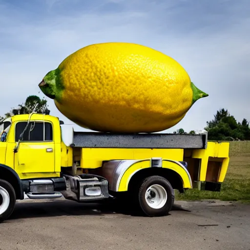 Image similar to a truck hauling a giant lemon