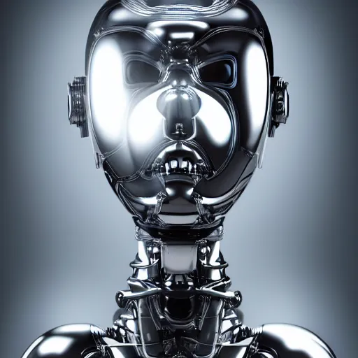 Image similar to humanoid chrome robot designed by h. r. giger - studio photo - backlight - reflections - volumetric fog - color lights, masterpiece, cinematic, hyperdetailed, photorealistic, hyperrealism, octane rendering, depth of field