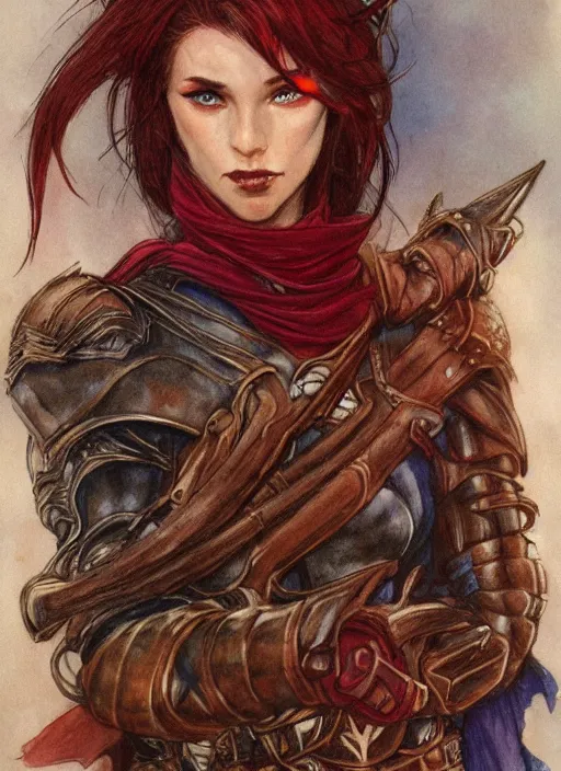 Prompt: portrait of strong female ranger, beautiful! coherent! dungeons and dragons character, by brian froud, strong line, deep color, leather armor, short red hair, high contrast