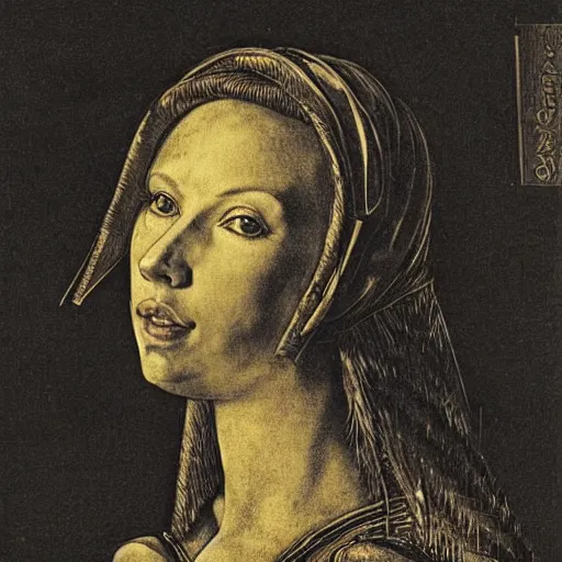 Prompt: engraving of a portrait of scarlet johansson in armour albrecht durer, cyberpunk outfit