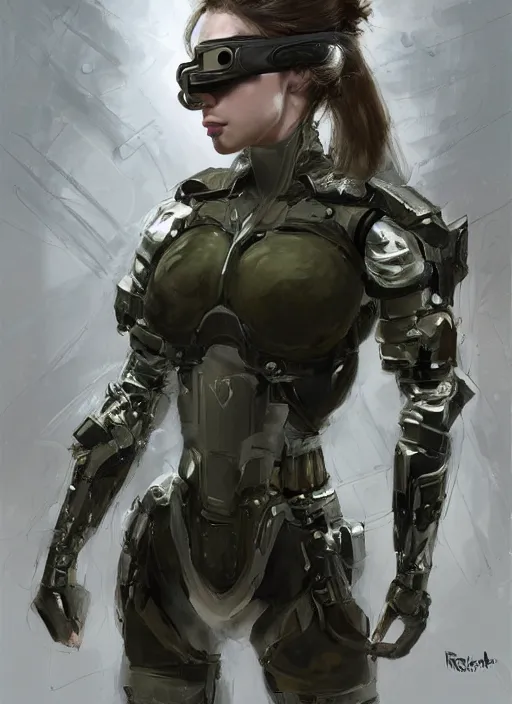 Image similar to a professional painting of a beautiful young female, clothed in stealth armor, nightvision goggles, olive skin, long dark hair, beautiful bone structure, symmetrical facial features, intricate, elegant, digital painting, concept art, smooth, sharp focus, illustration, from Metal Gear, by Ruan Jia and Mandy Jurgens and Artgerm and William-Adolphe Bouguerea