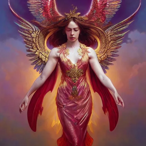 Image similar to a beautiful orchid phoenix angel woman, in an ornamented dress with large wings, rubies, volumetric light, god rays, highly detailed painting by greg rutkowski, artgerm, alphonse mucha