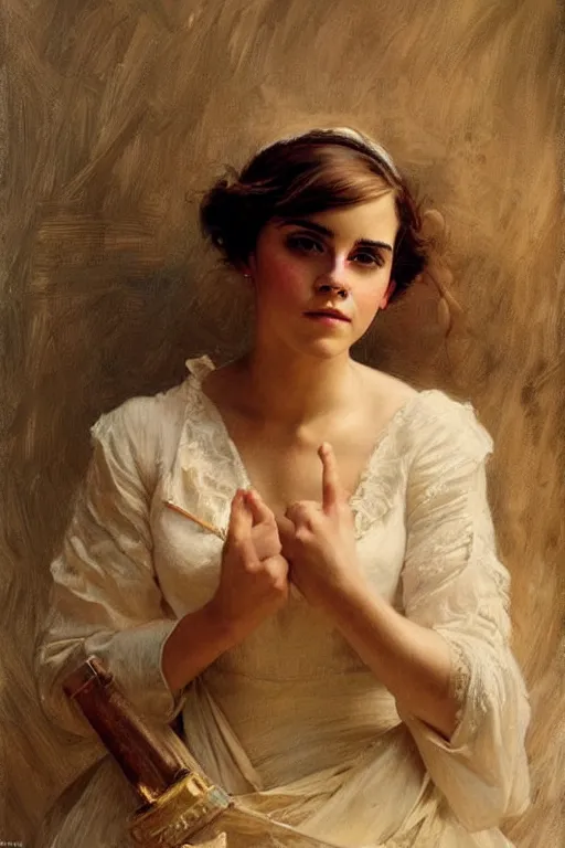 Prompt: detailed portrait of a beautiful emma watson thicc, painting by gaston bussiere, craig mullins, j. c. leyendecker