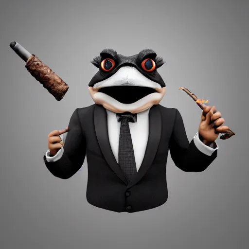 Prompt: a high quality photo of an antropomorphic mafia frog wearing a suit smoking a cigar, 3d scene, render, ultra realistic, artstation, cgsociety