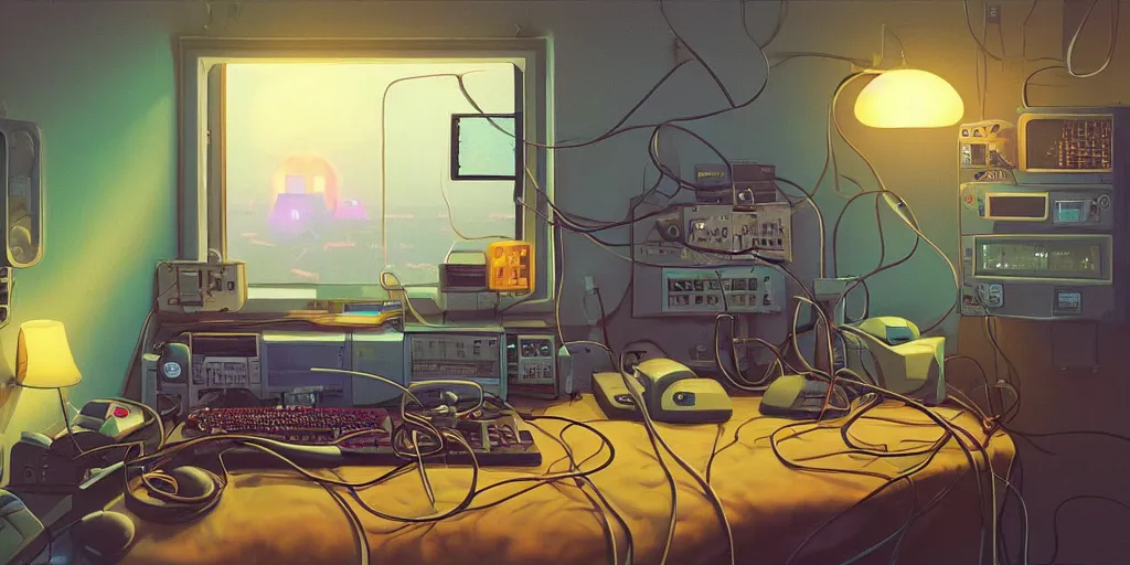 Image similar to cozy 9 0 s bedroom retrofuturism, cluttered, wires everywhere, computer, window, night - time, lit only by the luminescent computer screen, detailed by simon stalenhag