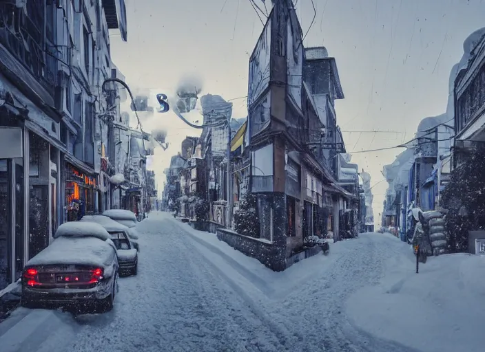 Image similar to a city street covered with snow, winter, dusk, futuristic city, robots populate the street, futuristic cars, extremely detailed, sharp focus, rule of thirds, award winning photography.