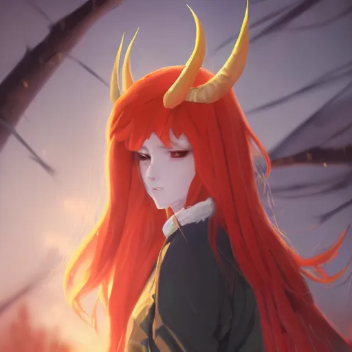 Image similar to a pale redheaded demoness with yellow eyes and horns wearing a jacket, highly detailed, digital painting, artstation, matte, by makoto shinkai, animation style