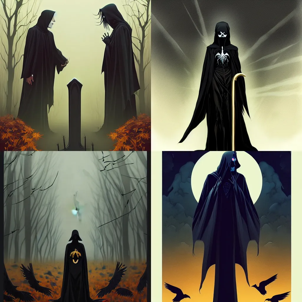 Prompt: style of David Baldeon comic art and Joshua Middleton art, death with a crow head long black robes with gold trim full body, graveyard scene, autumn weather foggy, spooky creepy, beautiful, intricate high quality