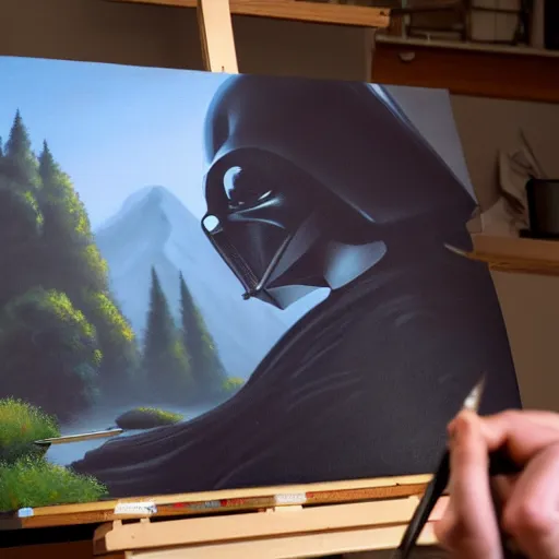 Image similar to a closeup photorealistic photograph of bob ross working on a canvas painting of darth vader. film still. brightly lit scene. mountains and trees. this 4 k hd image is trending on artstation, featured on behance, well - rendered, extra crisp, features intricate detail, epic composition and the style of unreal engine.