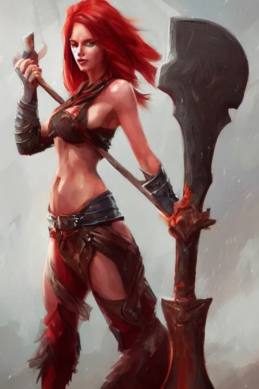 Prompt: a woman with red hair holding two large axes, concept art by senior character artist, artstation contest winner, fantasy art, concept art, artstation hd, 2 d game art