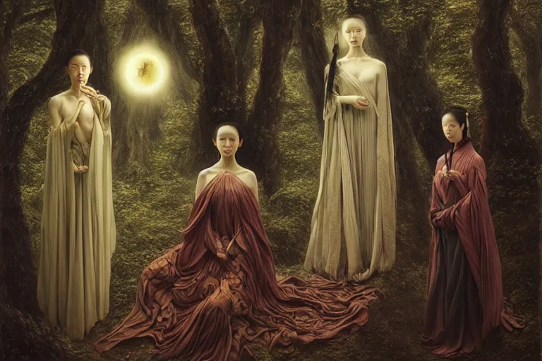 Image similar to wuxia, forest, moonlight, intricate beautiful faces, painting by agostino arrivabene, vanessa beecroft, anka zhuravleva, mary jane ansell, peter mohbacher, gerald brom