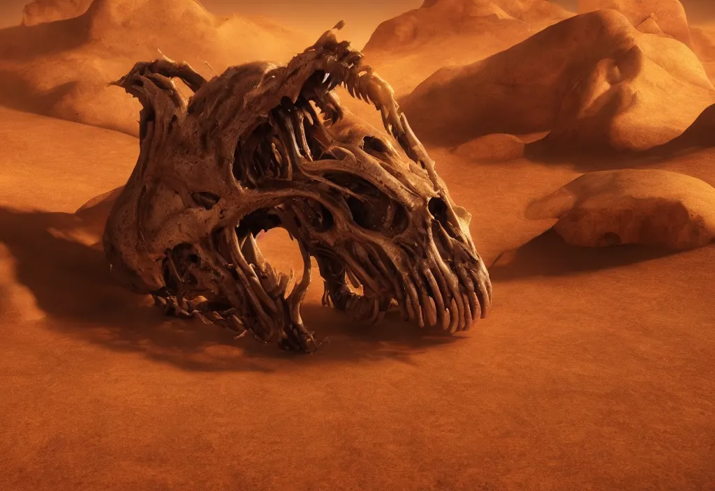 Image similar to eldritch animal alien skull in a dessert in mars, cinematic lighting, octane tender, volumetric light, dark - art