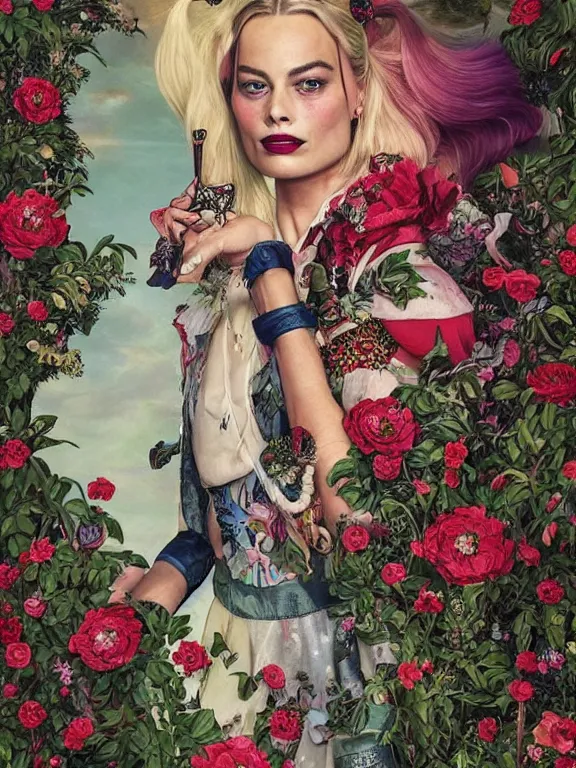 Prompt: a 60mm portrait of margot robbie harley quinn between embellished pattern and huge flower bushes,by Ekaterina Belinskaya,tom bagshaw,Cedric Peyravernay,Bella Kotak,marie spartali Stillman,Marianne North,William Morris,GUCCI,trending on pinterest,dark fantasy,maximalist,glittering,feminine