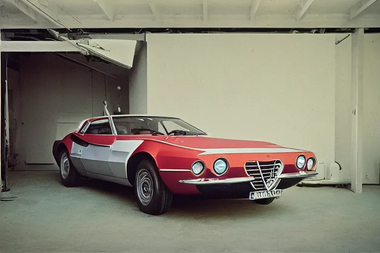 Prompt: single 1969 Alfa Romeo Montreal Thunderbird, inside of a minimalist Tokyo garage, ektachrome photograph, volumetric lighting, f8 aperture, cinematic Eastman 5384 film