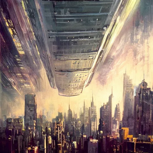 Image similar to new york skyline, 1 9 7 0 s scifi art style, flying cars, jeremy mann painting