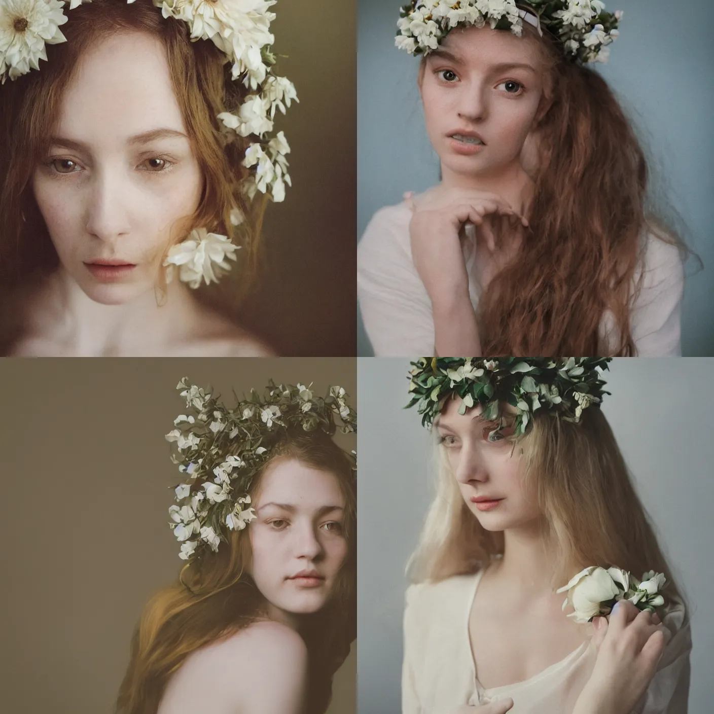 Prompt: An analog frontal face portrait photography of a woman wearing an big white flowers crown by Flora Borsi. Long soft hair. eyes open. Kodak Color Plus 800 film. Icelandic mood. detailed. hq. realistic. warm light. muted colors. lens flare. Glare and bloom. photoreal. Medium format photography. Rembrandt light mood. Golden hour. Leica M9.