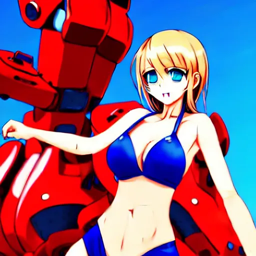 Image similar to digital anime art, very small cute girl standing on a large table, red mech arms and red mech legs,