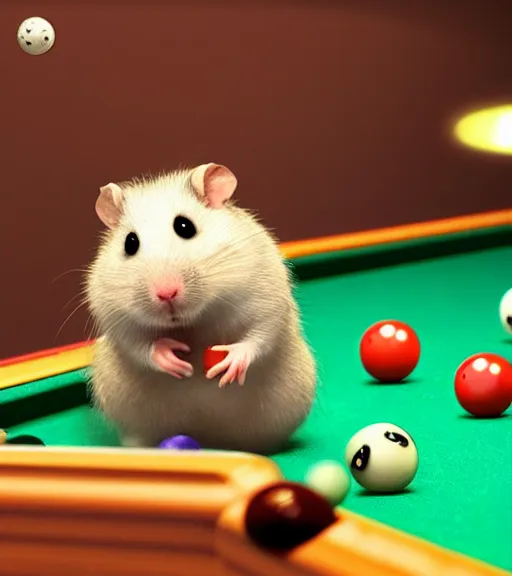 Prompt: very beautiful portrait of an extremely cute and adorable hamster playing pool, smooth, perfect face, fantasy, character design by mark ryden and pixar and hayao miyazaki, sharp focus, concept art, harvest fall vibrancy, intricate detail, cinematic lighting, hyperrealistic, 3 5 mm, diorama macro photography, 8 k, 4 k