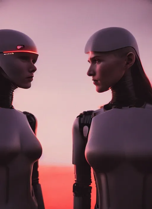 Image similar to cinestill 5 0 d photographic portrait of two scandalous loving female androids wearing rugged black techwear body suits on a desolate plain with a red sky, extreme closeup, cyberpunk style, garters, dust storm, 8 k, hd, high resolution, 3 5 mm, f / 3 2, ultra realistic faces, ex machina