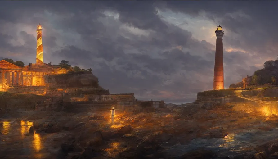 Image similar to ancient city of Rome with a lighthouse near the shore and a village in a valley, intricate, elegant, volumetric lighting, digital painting, highly detailed, artstation, sharp focus, illustration, concept art, ruan jia, steve mccurry