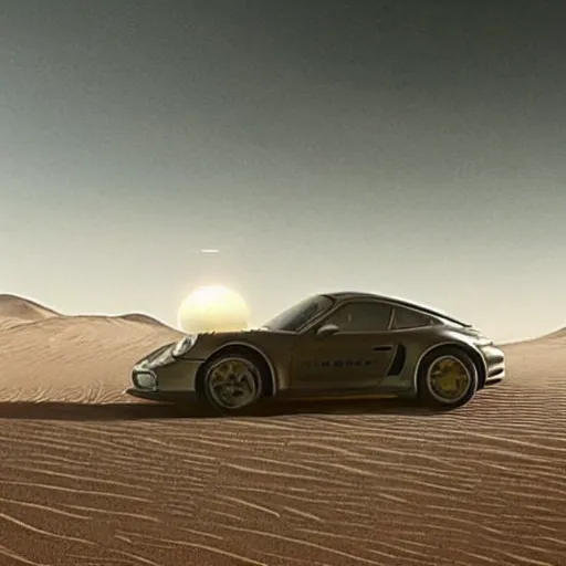 Prompt: a porsche 911 escaping from a huge sandworm in the planet of arrakis from Denis Villeneuve\'s movie Dune (2021)