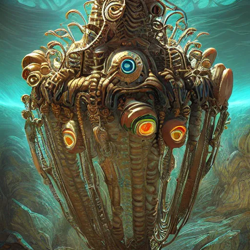 Image similar to crinoid submarine, maximalist art nouveau, cgsociety, artstation by gustave dore and tyler edlin