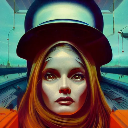 Image similar to detailed face of a woman, clockwork, moment, tectonic sky, skydome, bullet train, turbines, utopian, tech noir, wet reflections, prism, atmospheric, ambient, pj crook, syd mead, livia prima, greg rutkowski, emma uber, edward hopper