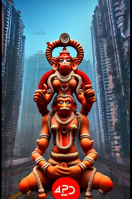 Image similar to high quality 3 d cyberpunk biomorphic hanuman! head building in the middle of mumbai!!, kalighat highly detailed, cinematic smooth, stephen shore & john j. park, soft morning light, wide shot, high angle, uhd 8 k, sharp focus