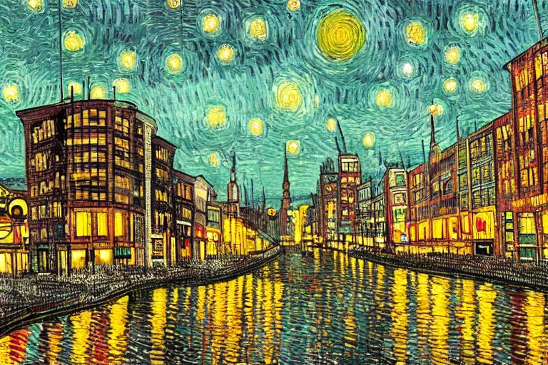 Image similar to cyberpunk city in the style of vincent van gogh