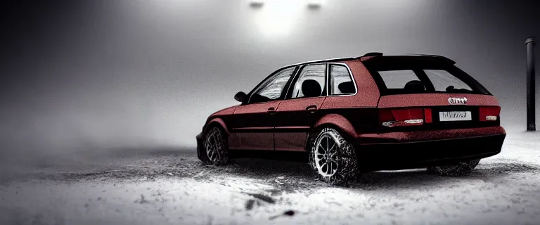 Image similar to Audi A4 B6 Avant (2002), eldritch horror anomaly, a gritty neo-noir, dramatic lighting, cinematic, eerie person, death, homicide, homicide in the snow, gunshots, establishing shot, extremely high detail, photorealistic, red fog, chaos, arson, burning city, cinematic lighting, artstation, by simon stalenhag, Max Payne (PC) (2001) winter New York at night, In the style of Max Payne 1 graphic novel, flashing lights, Poets of the Fall - Late Goodbye