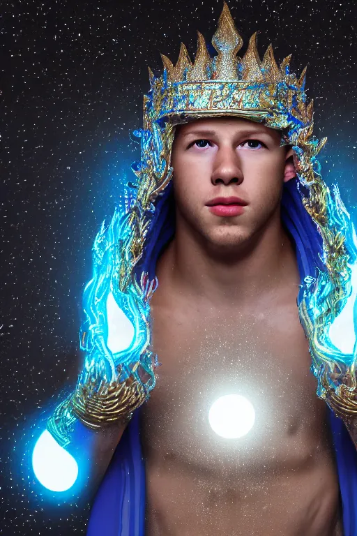 Image similar to hyper detailed ultra sharp portrait of baroque and bladerunner delicate neon diamond sculpture of seductive albino pharaoh nick jonas, sarcophagus blue iridescent humanoid deity wearing metallic hoody made out of hands holding the sun prismatic dungeon, glowing blue face, crown of white diamonds, cinematic lighting, photorealistic, octane render 8 k depth of field 3 d