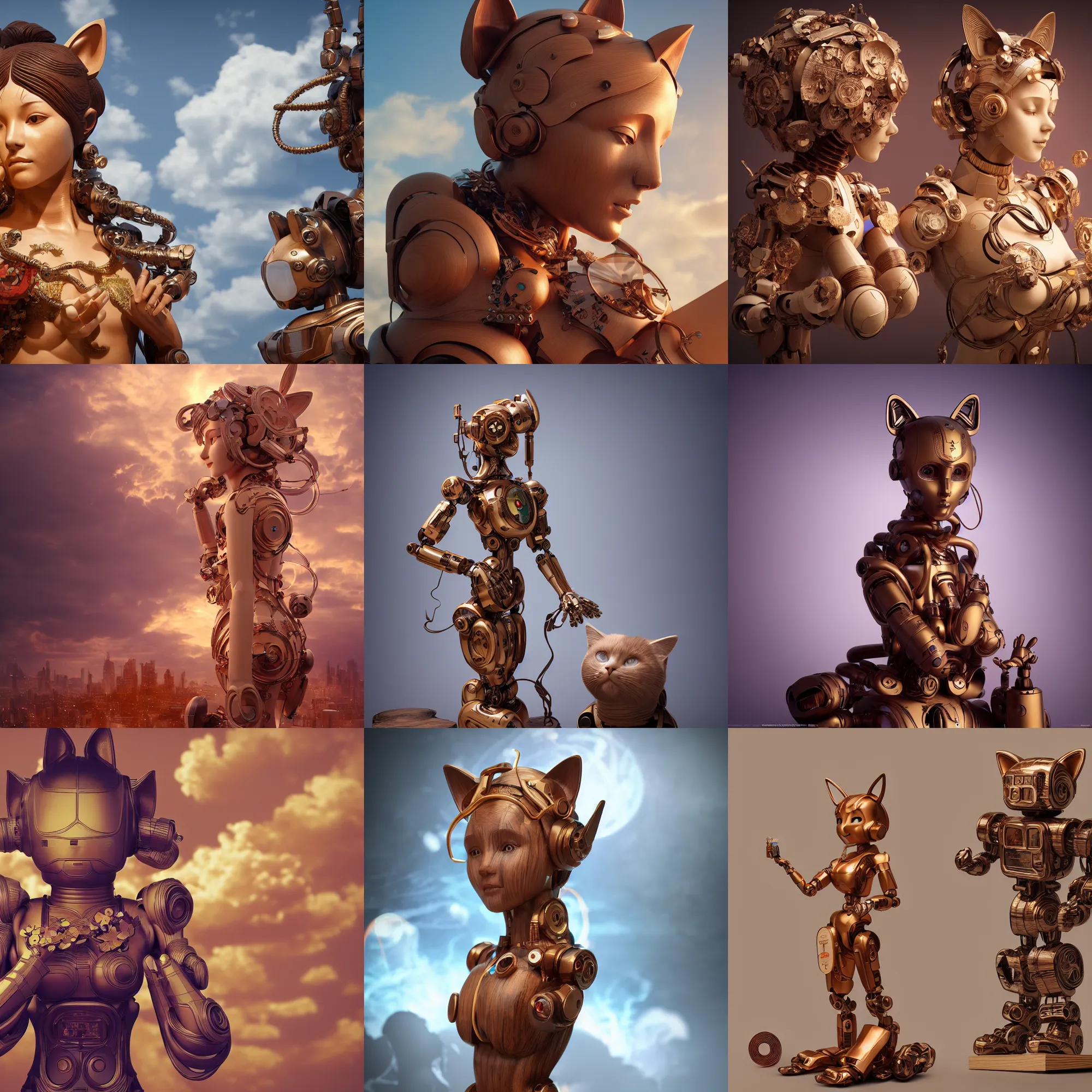 Prompt: 3 d octane render, ultra photorealistic, 8 k hyper detailed image, a beautiful wooden statue of a figurine of a robot wood with cat ears on a magic cloud, cyberpunk, alphonse mucha