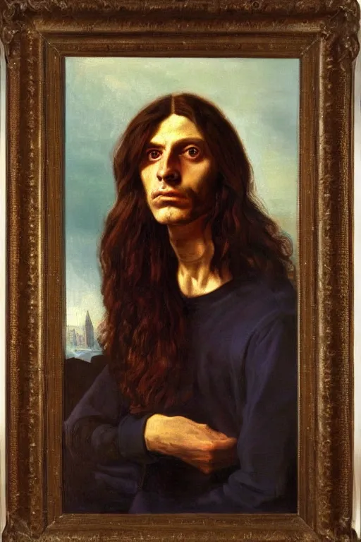 Prompt: a painting of a man with long hair, a portrait by Robert Lenkiewicz, cg society, pre-raphaelitism, da vinci, studio portrait, oil on canvas