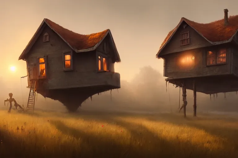 Prompt: a house in the shape of a human, rust, hyperrealistic, highly detailed, cinematic, single ray of sun, fog, beautiful, cgssociety, artstation, 8 k, oil painting