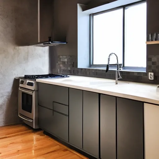 Prompt: remodeled kitchen, plumberpunk brutalism