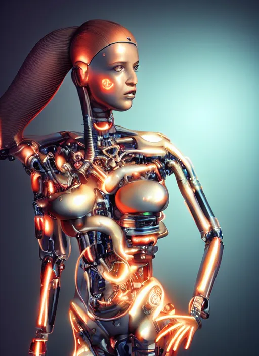 Image similar to photorealistic detailed full body picture of a female cyborg, pretty face with arms and legs, glamour pose, long hair, neon lights, humanoid, extreme, uhdr, book called the most influental cyborg in 2 0 5 0, fine details, highly detailed, intricate, smooth sharp focus, symmetrical features, environmental portrait