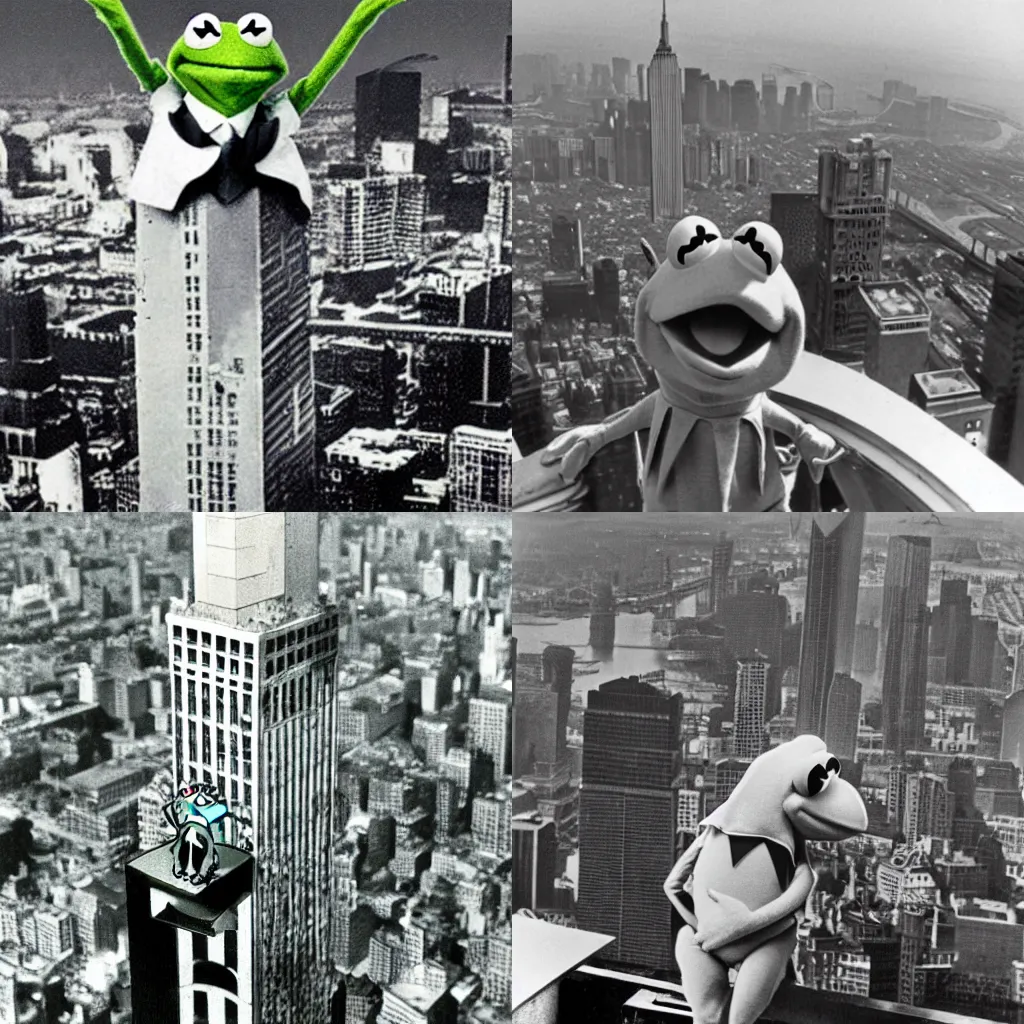 Prompt: Kermit the frog in the Lunch atop a Skyscraper photo (1932)