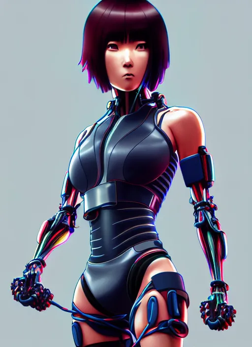 Prompt: color digital pen lineart sketch of athletic partially biomechanical motoko kusanagi connected to many cables, wires, inputs, outputs, by gnomon, by ilya kuvshinov, trending on pixiv fanbox, by weta digital, octane render