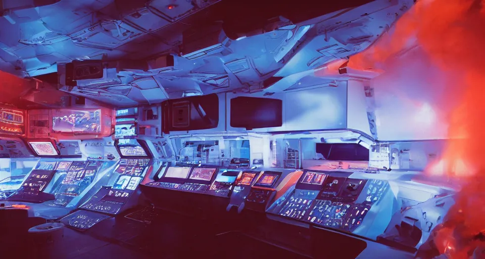 Image similar to Film still of the bridge of a space ship, large viewscreens, control panels, white plastic, black interface, metallic, soft orange and cyan highlights, burning fire, electric sparks, smoke, Cinestill colour cinematography, anamorphic