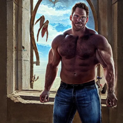 Image similar to bodybuilder chris pratt at church geog darrow greg rutkowski