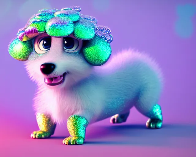 Prompt: a cute cute baby dog puppy, big eyes, soft fur texture, pastel colours, colorful, glitter crystals, cute, adorable, pixar animation style, detailed, soft light, octane render, cute, 4 k,