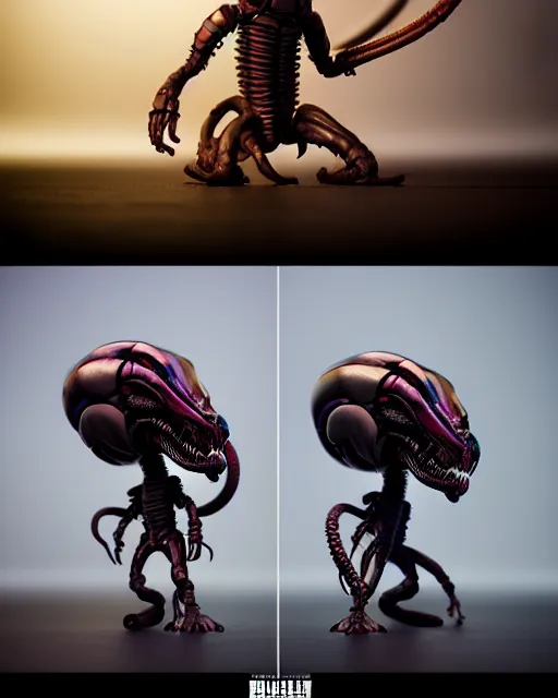 Image similar to highly detailed funko pop of xenomorph, stephen bliss, unreal engine, greg rutkowski, loish, rhads, beeple, makoto shinkai and lois van baarle, ilya kuvshinov, rossdraws, tom bagshaw, alphonse mucha, global illumination, god rays, detailed and intricate environment