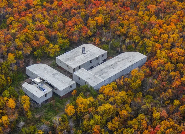 Prompt: low drone shot of a ranch style Juvenile Detention Center middle of the Woods during autumn