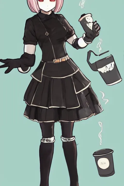 Image similar to Concept art of 2B from Nier Automata wearing a tartan miniskirt and holding a cup of tea