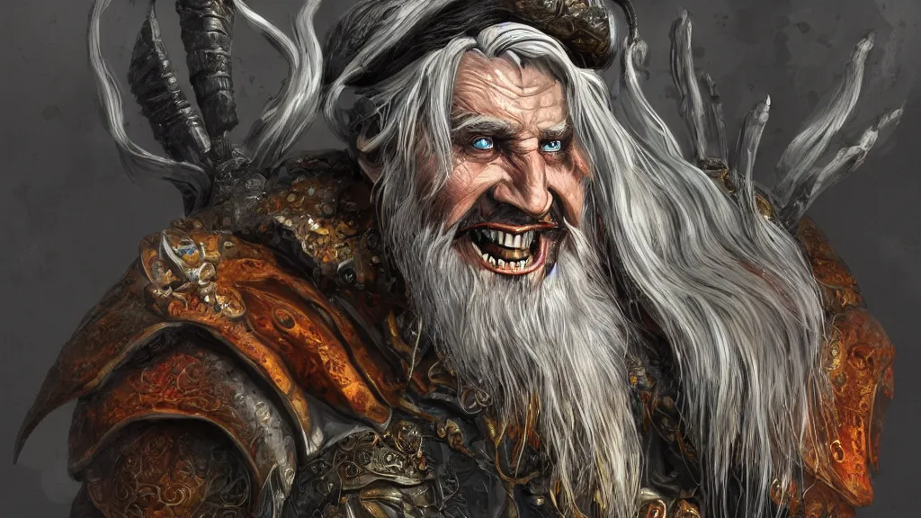 Prompt: bright, colorful, realistic, detailed from Elder Scrolls: Shivering isles concept art of The Mad God Sheogorath with a madsmile, Caucasian skin, combed white beard and combed white hair backlighting, kodachrome, high contrast, highly detailed, sharp focus, digital painting, concept art, illustration, trending on artstation, comic book by Alex Ross and Adam Adamowicz cover art