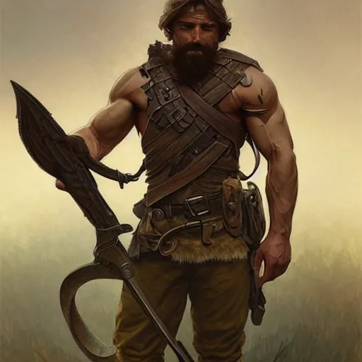 Image similar to rugged male ranger, handsome, D&D, upper body, muscular, hairy torso, fantasy, intricate, elegant, highly detailed, digital painting, artstation, concept art, smooth, sharp focus, illustration, art by artgerm and greg rutkowski and alphonse mucha